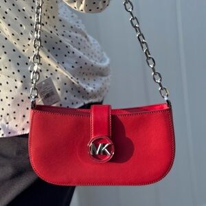 Michael Kors Carmen Small Pouchette Crossbody Bag Red/Silver